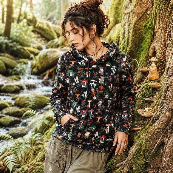 L.A. Soul Tops - L.A. Soul Mushroom Print Hoodie Black Cottagecore Goblincore Pullover Small